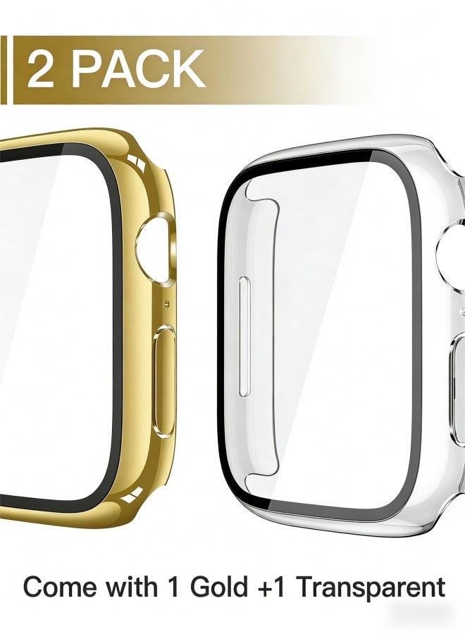 2 Pack Tempered Glass Case Compatible for Apple Watch Series 11  Series 10 46mm, Hard PC Screen Protector Overall Protection Scratch-Resistant Cover for iWatch, 1 Gold + 1 Transparent - Image 1